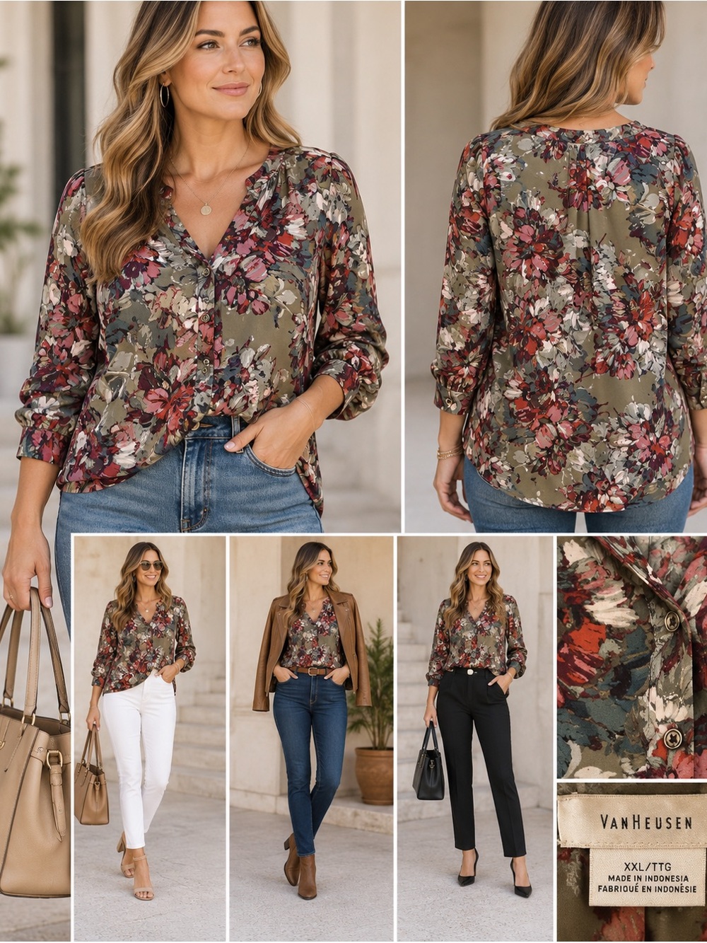Van Heusen Olive Floral Button-Front V-Neck Blouse